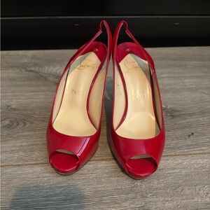 Christian Louboutin Red Patent Peep-Toe Slingbacks